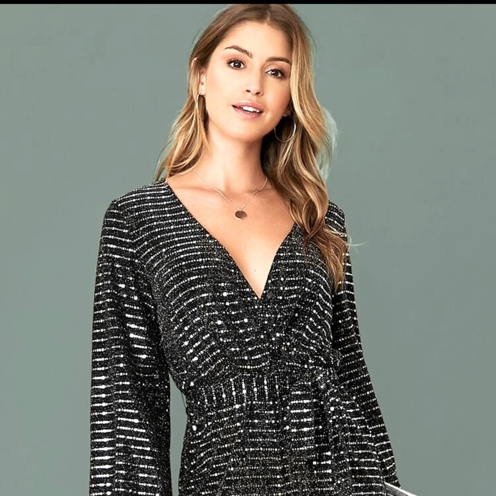 SHEIN Sleeve Belted Sequin Romper
